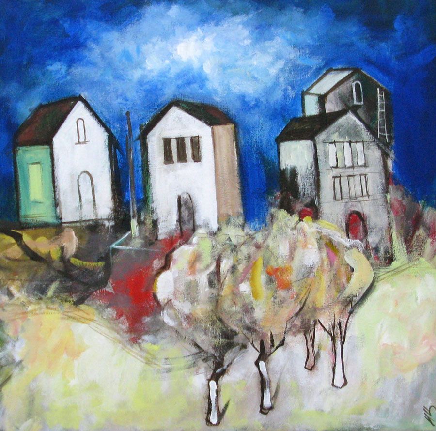 Tableau figuratif grand format bleu et jaune VELTCHEVTSI-M – IVAN TZONEV – 80 × 80 cm