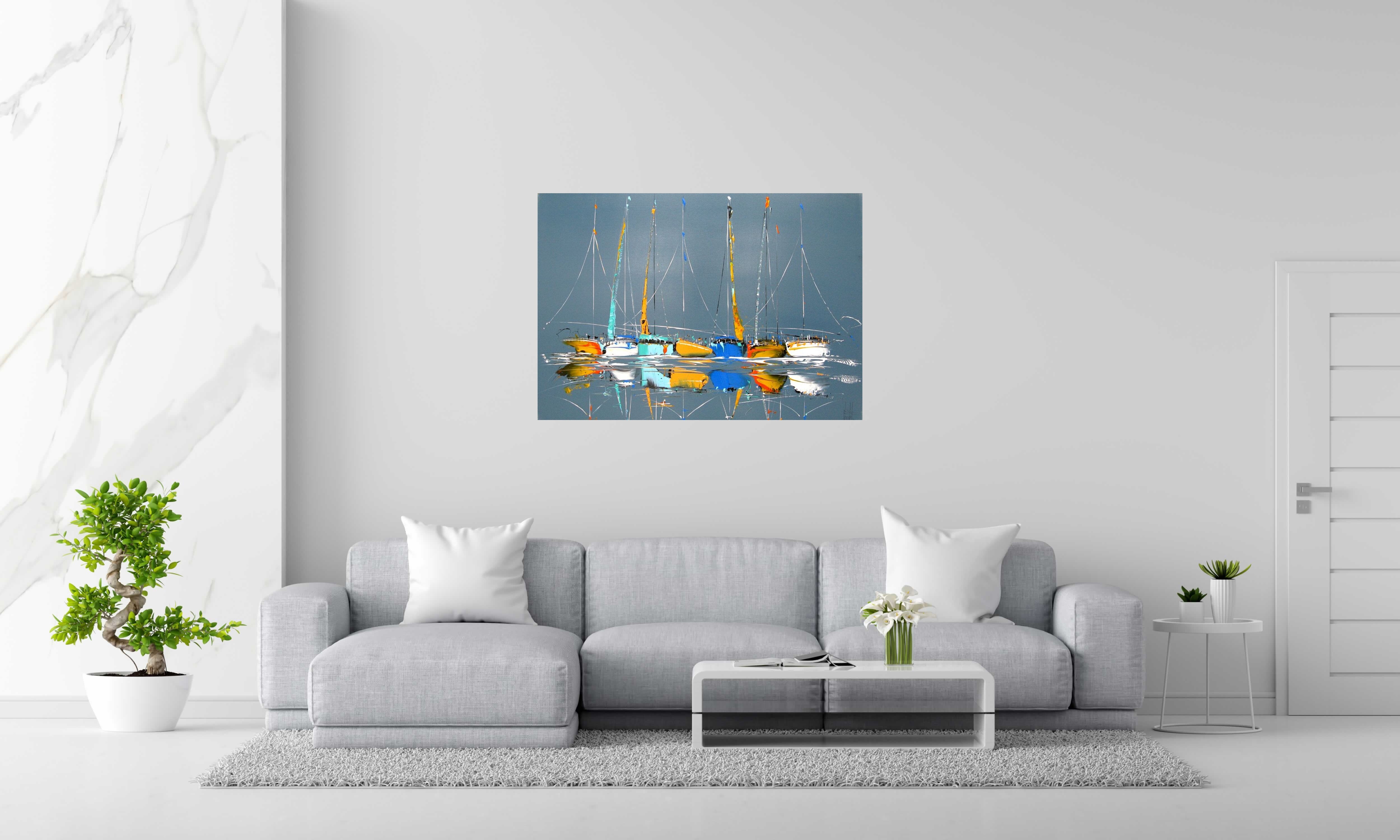 Tableau MARINE ABSTRAITE 98 de F. BOUTET dans un intérieur – 116 × 81 cm