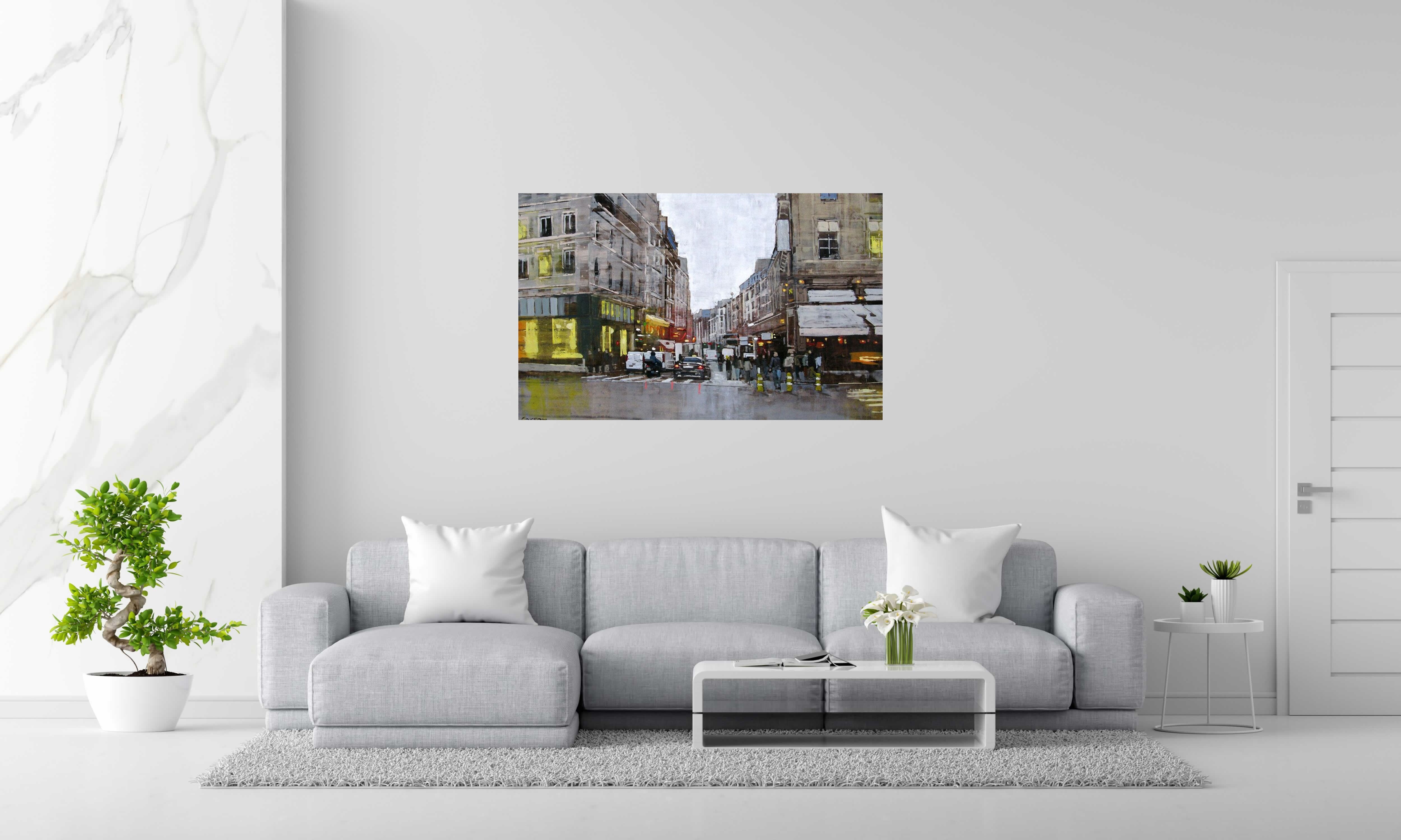 Tableau RUE DU FAUBOURG MONTMARTRE de ADRIEN FAVEAU dans un intérieur – 81 × 130 cm