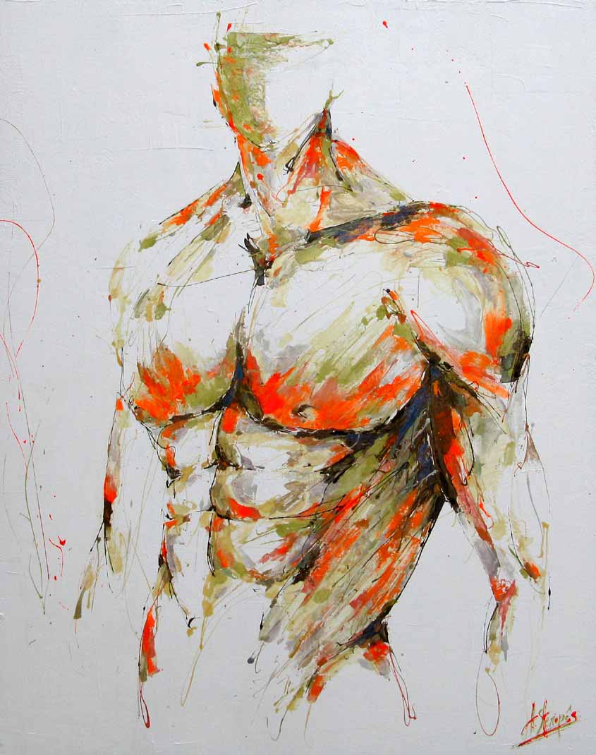 Tableau figuratif grande taille blanc et orange In virtute – AMANDYNE S. – 89 × 116 cm