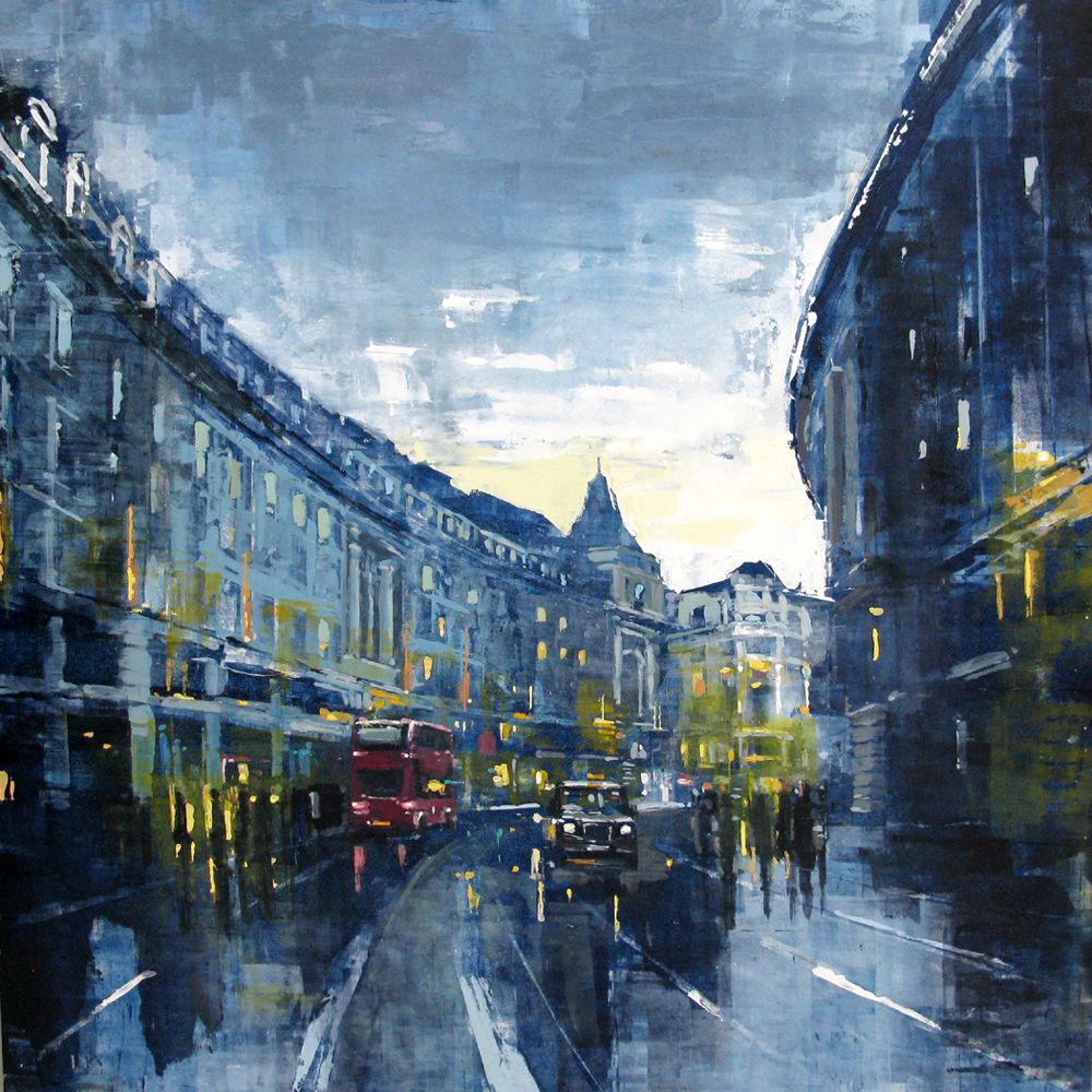 Tableau figuratif grande taille bleu et jaune London, Regent Street – ADRIEN FAVEAU – 100 × 100 cm