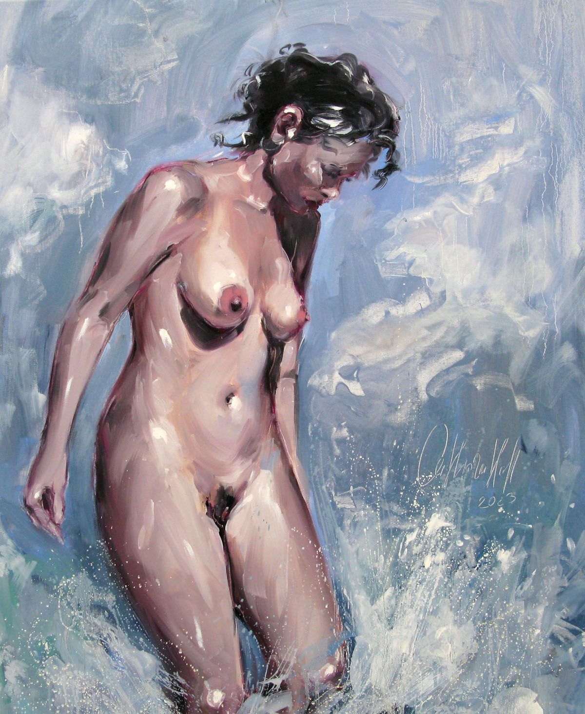 Tableau figuratif grande taille bleu et rose LA PLAGE – OLENA SINIUHINA – 81 × 100 cm