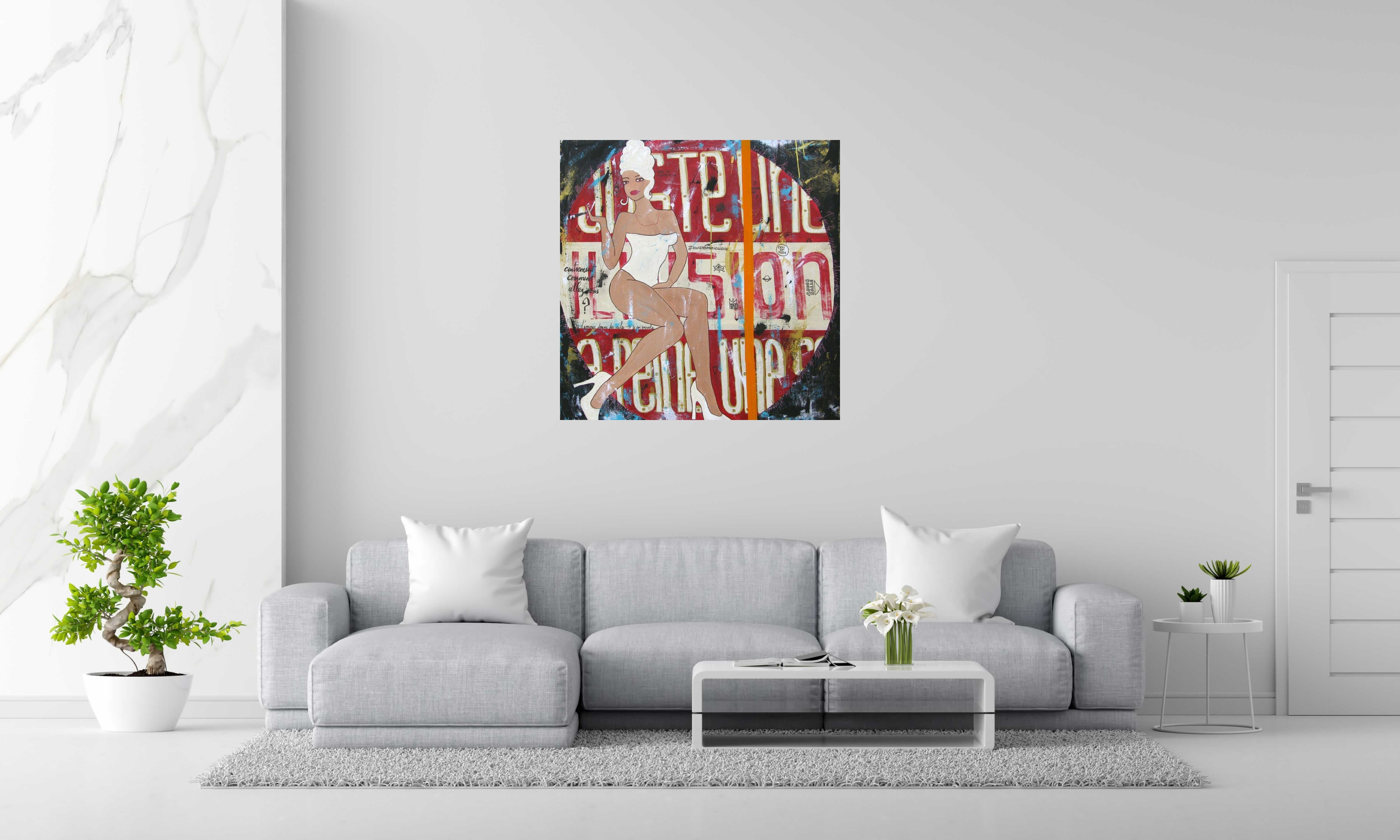 Tableau JUSTE UNE... de CACOU dans un intérieur – 100 × 100 cm