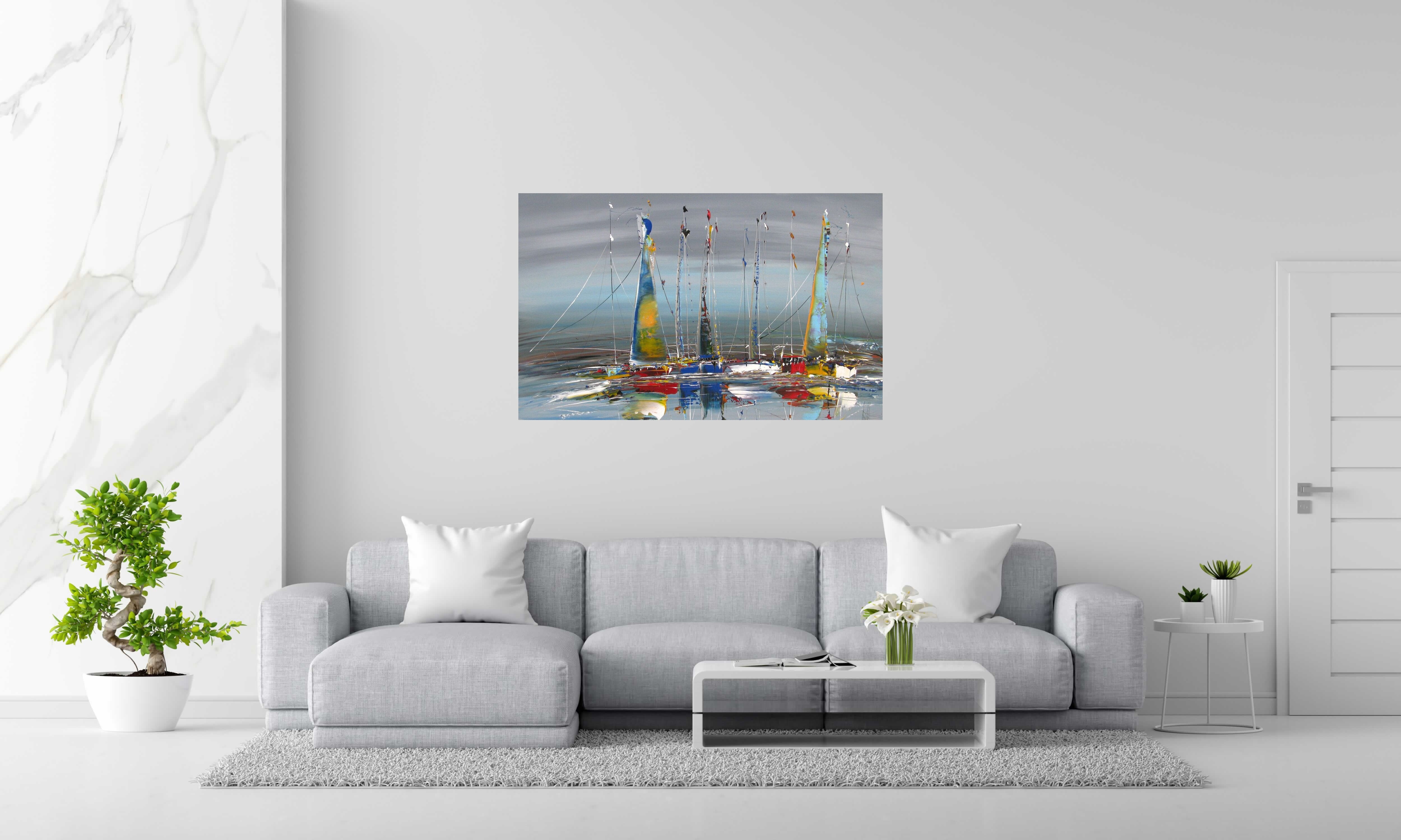 Tableau MARINE ABSTRAITE 71 de F. BOUTET dans un intérieur – 130 × 81 cm