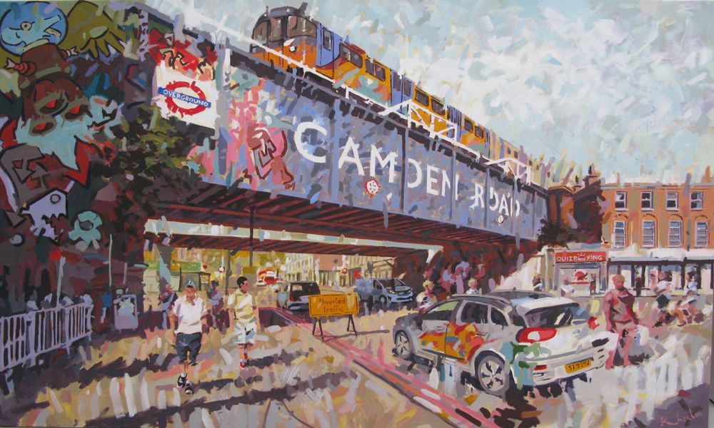Tableau figuratif grande taille Crossing the pink street – HEATON RUDYARD – 89 × 130 cm