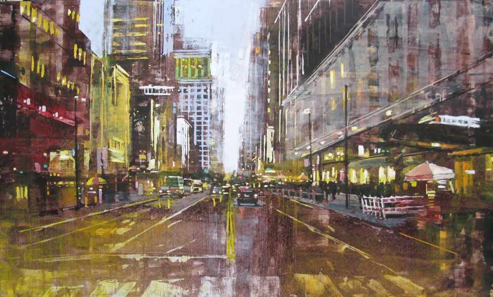 Tableau figuratif grande taille jaune WEST 34TH STREET – ADRIEN FAVEAU – 97 × 162 cm
