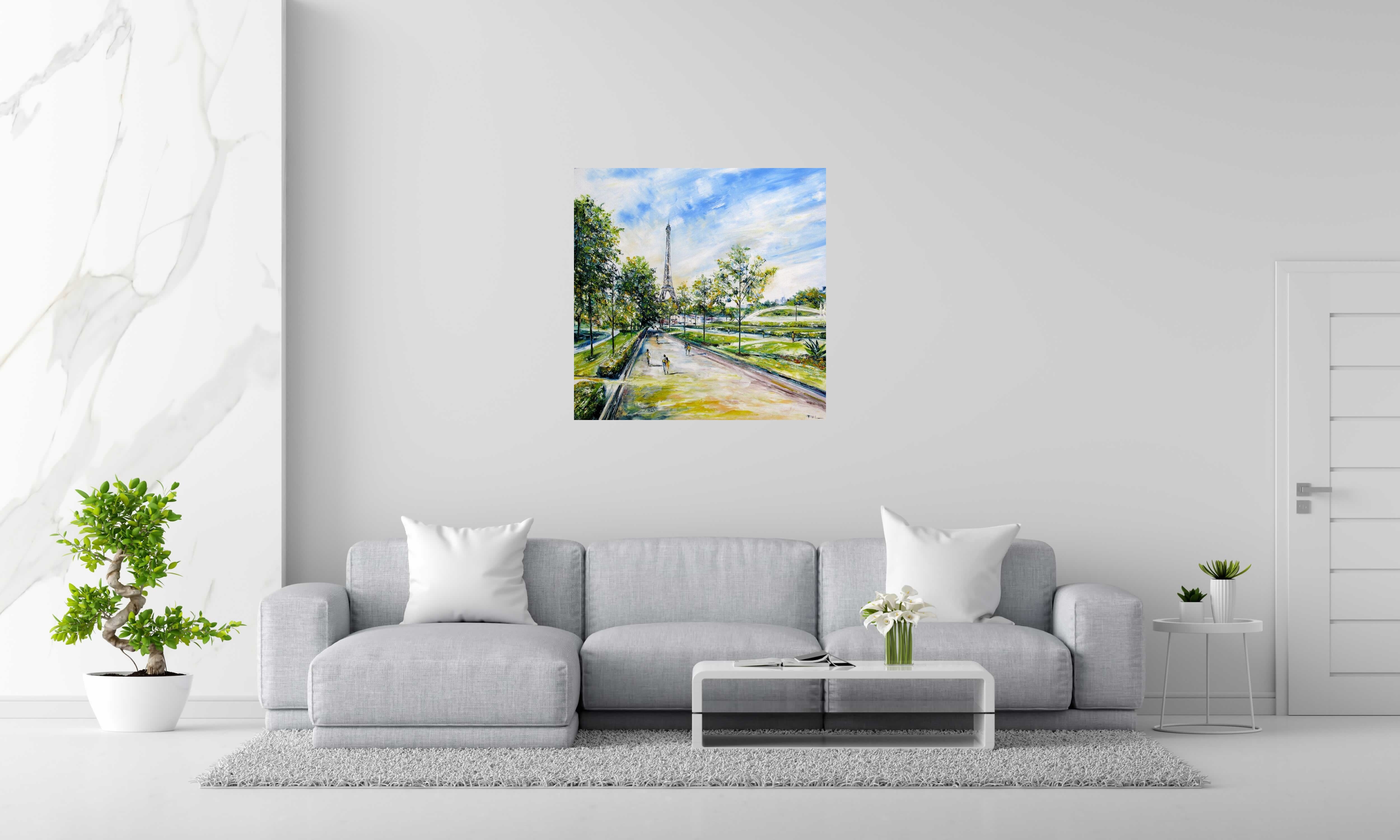 Tableau Jardin du Trocadero de PHIL dans un intérieur – 90 × 90 cm