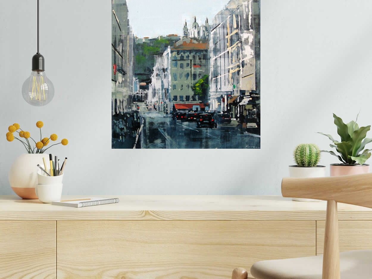 Tableau LYON RUE DE LA BARRE de ADRIEN FAVEAU dans un intérieur – 50 × 50 cm