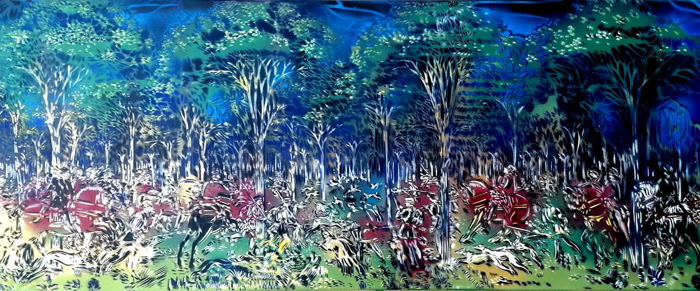 Tableau figuratif moyen format CHASSE DE NUIT – ARTISTE OUVRIER – 10 × 40 cm