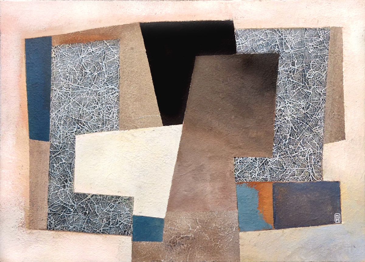 Tableau figuratif moyen format beige et bleu A deux – N MAFFRE – 74 × 54 cm