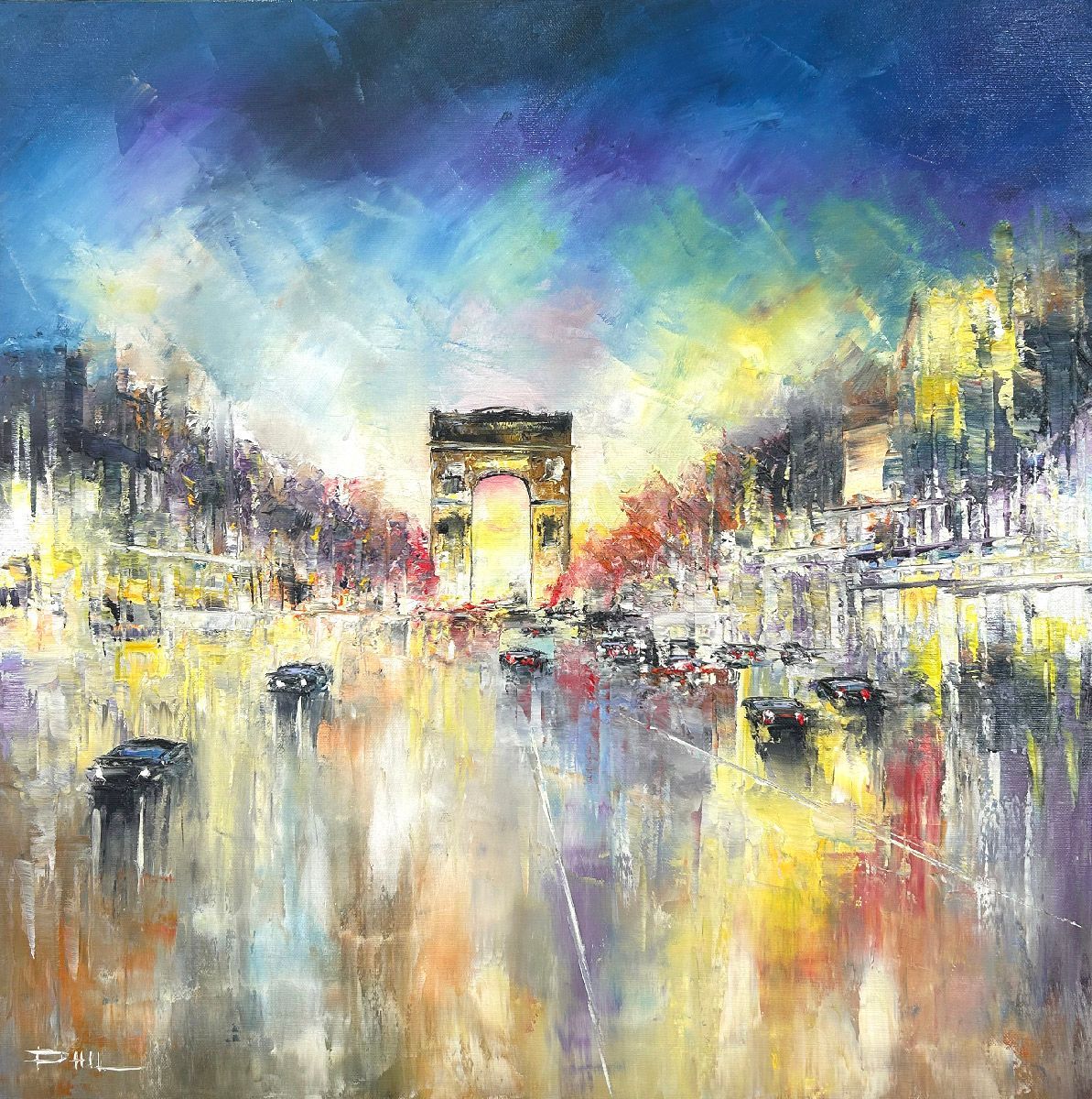 Tableau figuratif moyen format bleu et jaune 19h00 sur les champs – PHIL – 60 × 60 cm
