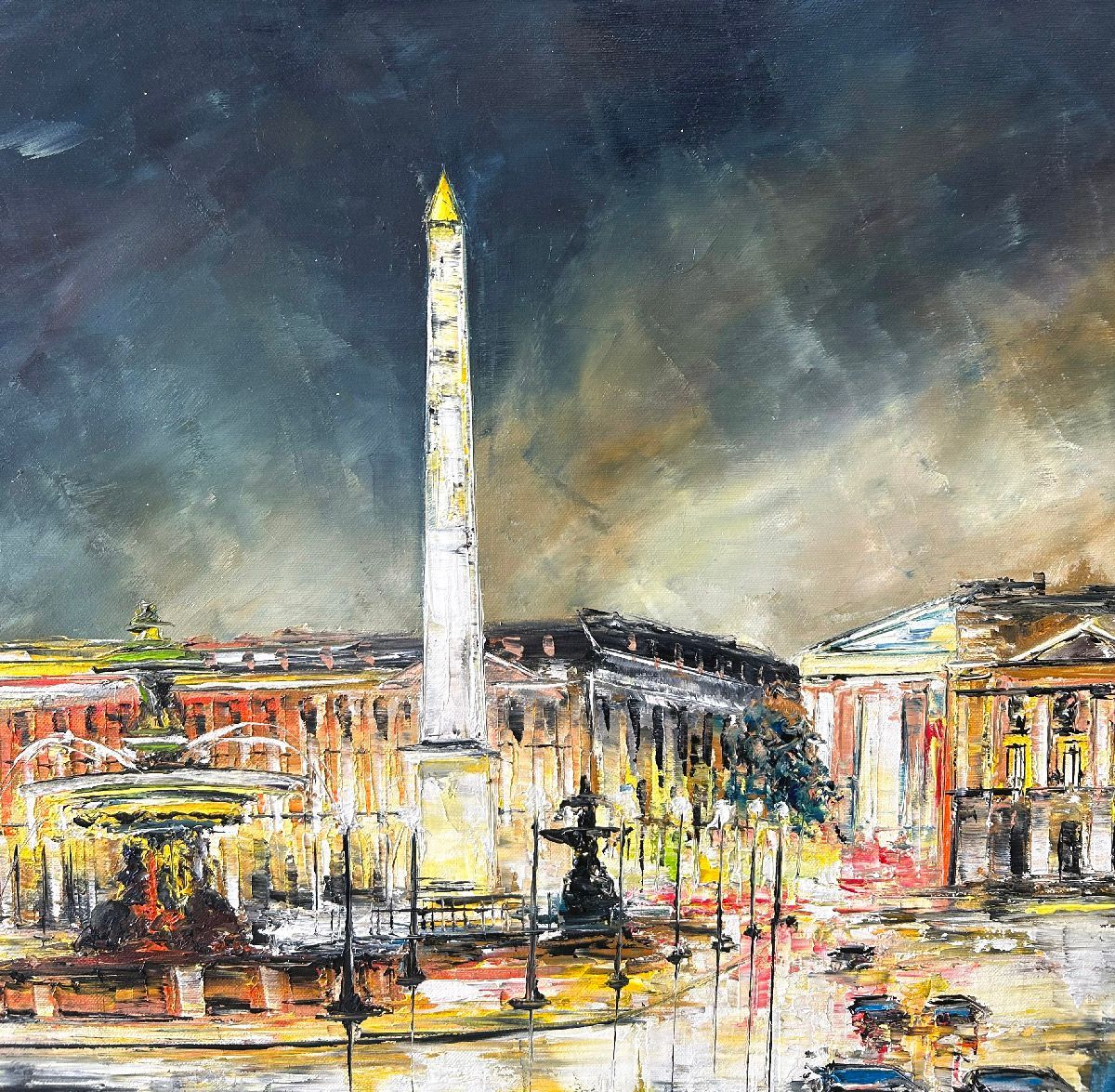 Tableau figuratif moyen format bleu et jaune Place de la concorde – PHIL – 60 × 60 cm