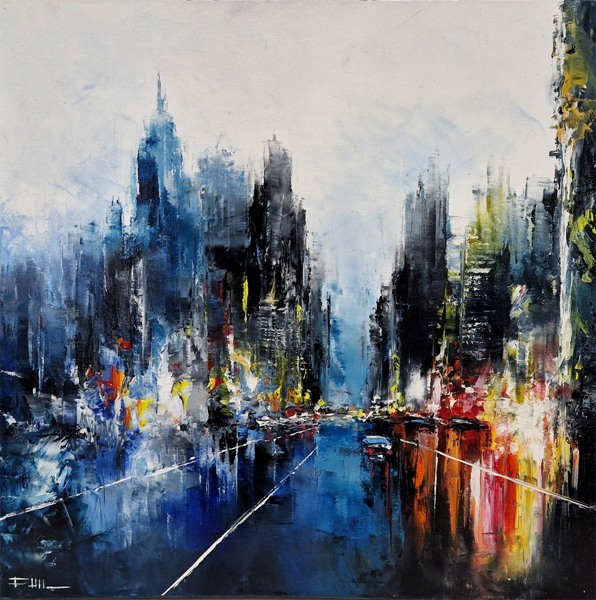 Tableau figuratif moyen format bleu Avenue, NY Bleu Rain – PHIL – 50 × 50 cm
