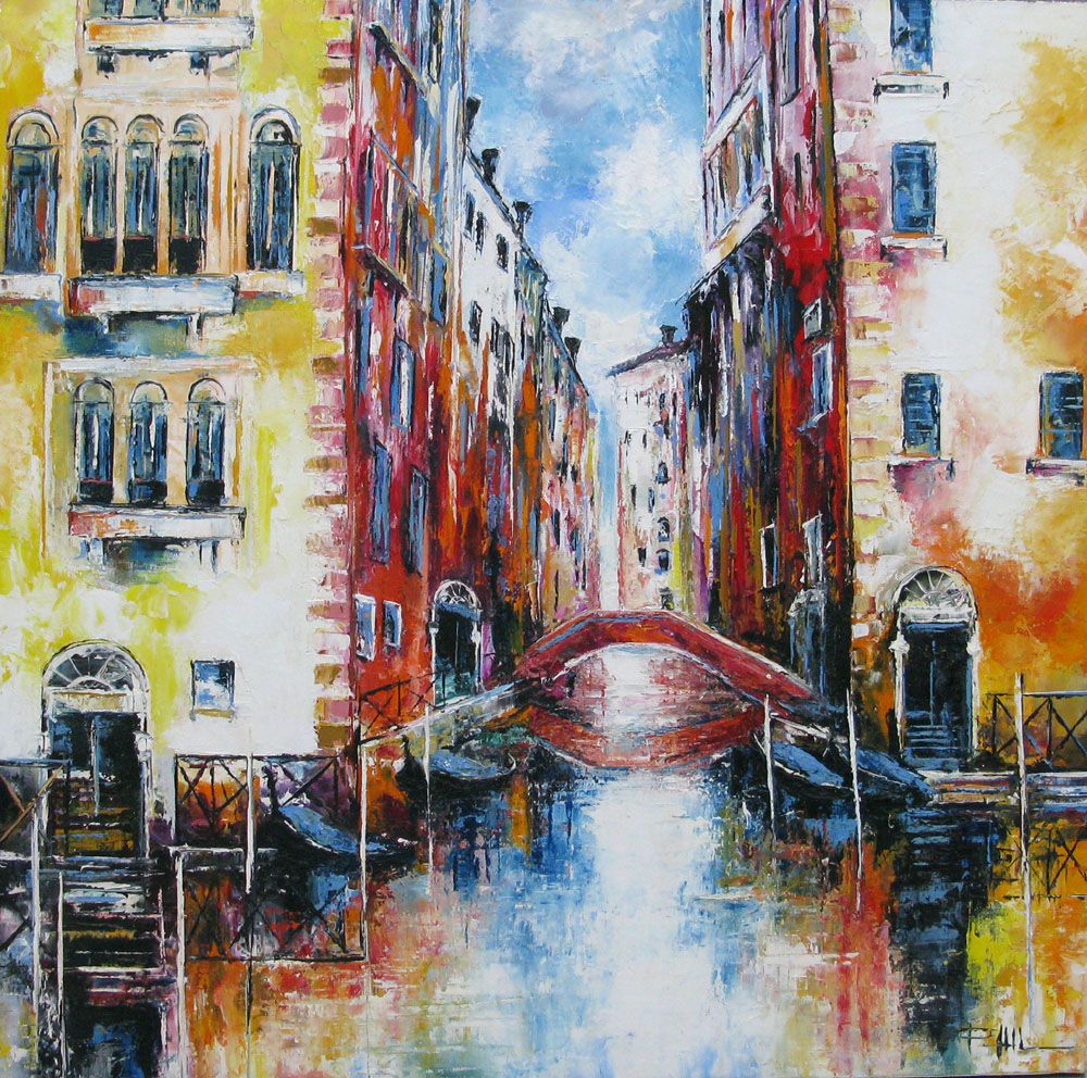 Tableau figuratif moyen format bleu Canal de venise – PHIL – 70 × 70 cm