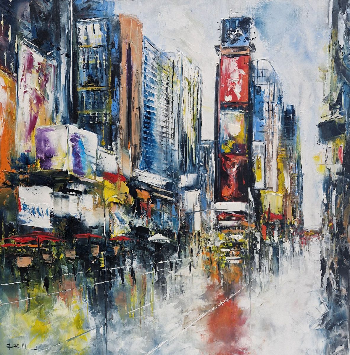 Tableau figuratif moyen format bleu Extraordinary Times-Square – PHIL – 60 × 60 cm