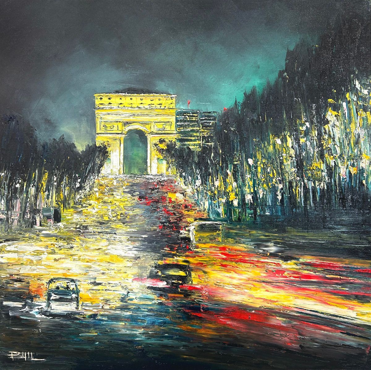 Tableau figuratif moyen format jaune et rouge Les Champs, Paris – PHIL – 60 × 60 cm