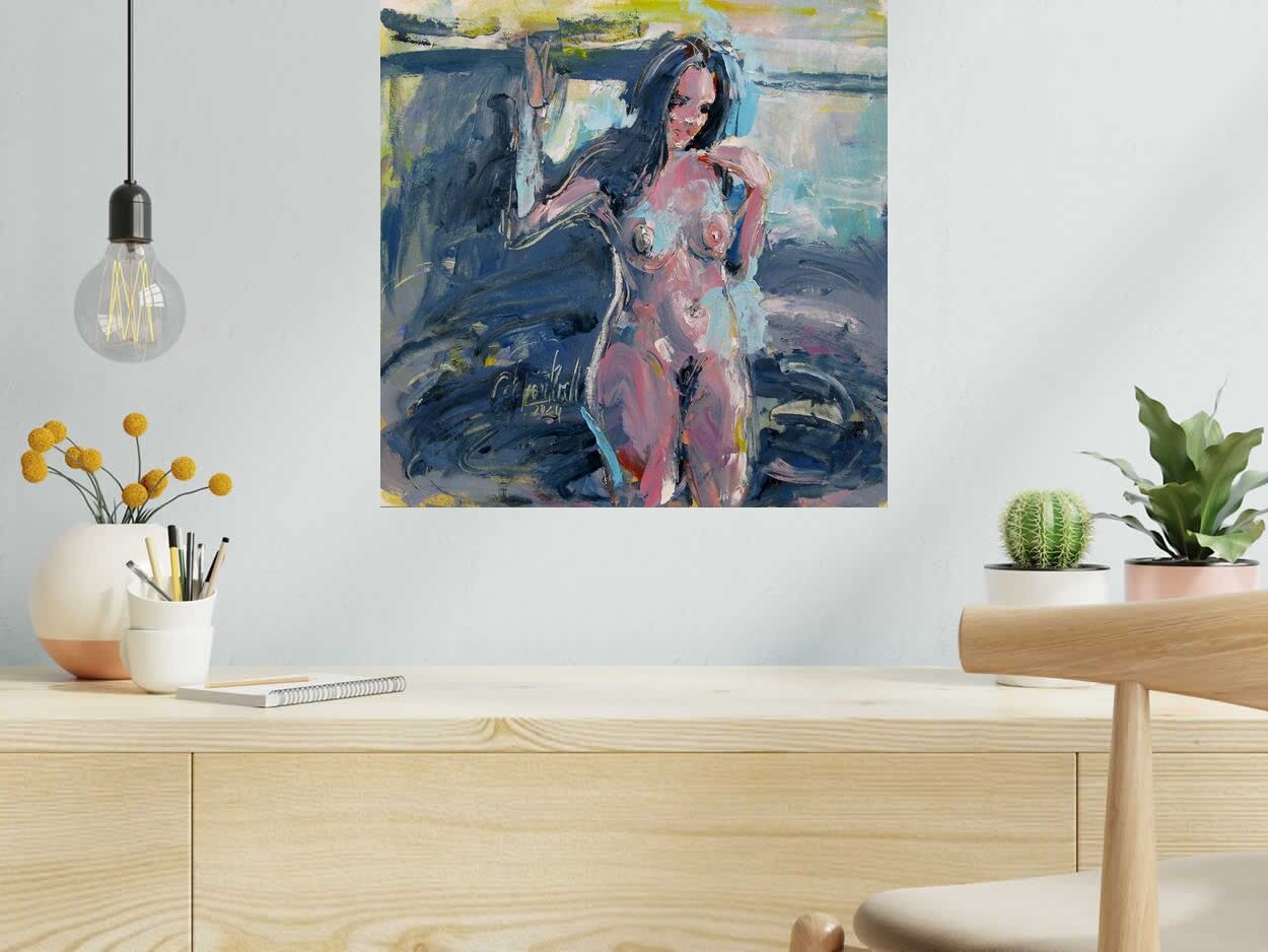 Tableau La fille au bord de l'eau de OLENA SINIUHINA dans un intérieur – 50 × 50 cm
