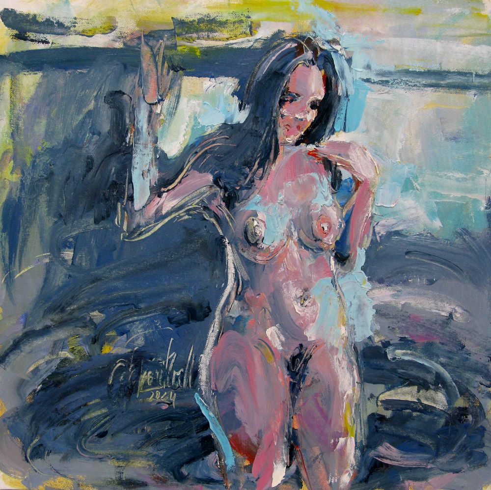 Tableau figuratif moyen format rose La fille au bord de l'eau – OLENA SINIUHINA – 50 × 50 cm