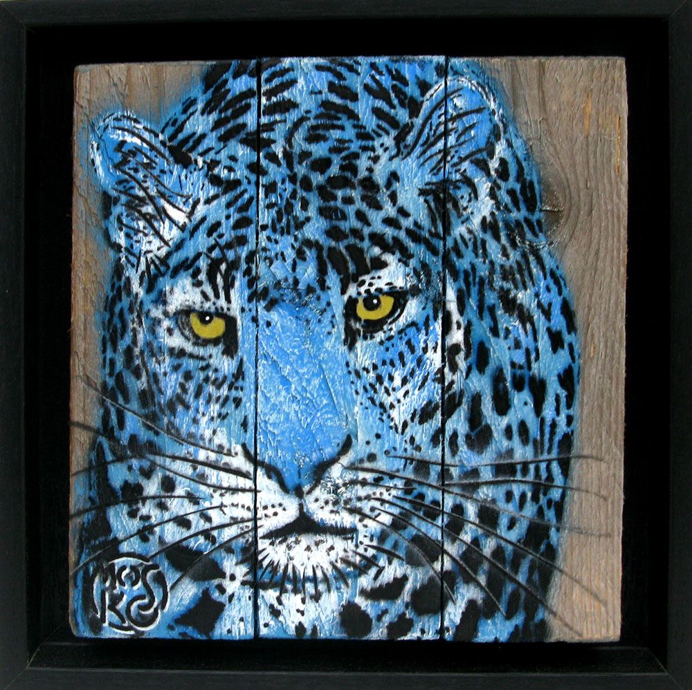 Tableau figuratif petit format bleu LEOPARD BLEU DE FACE – MOSKO – 20 × 20 cm
