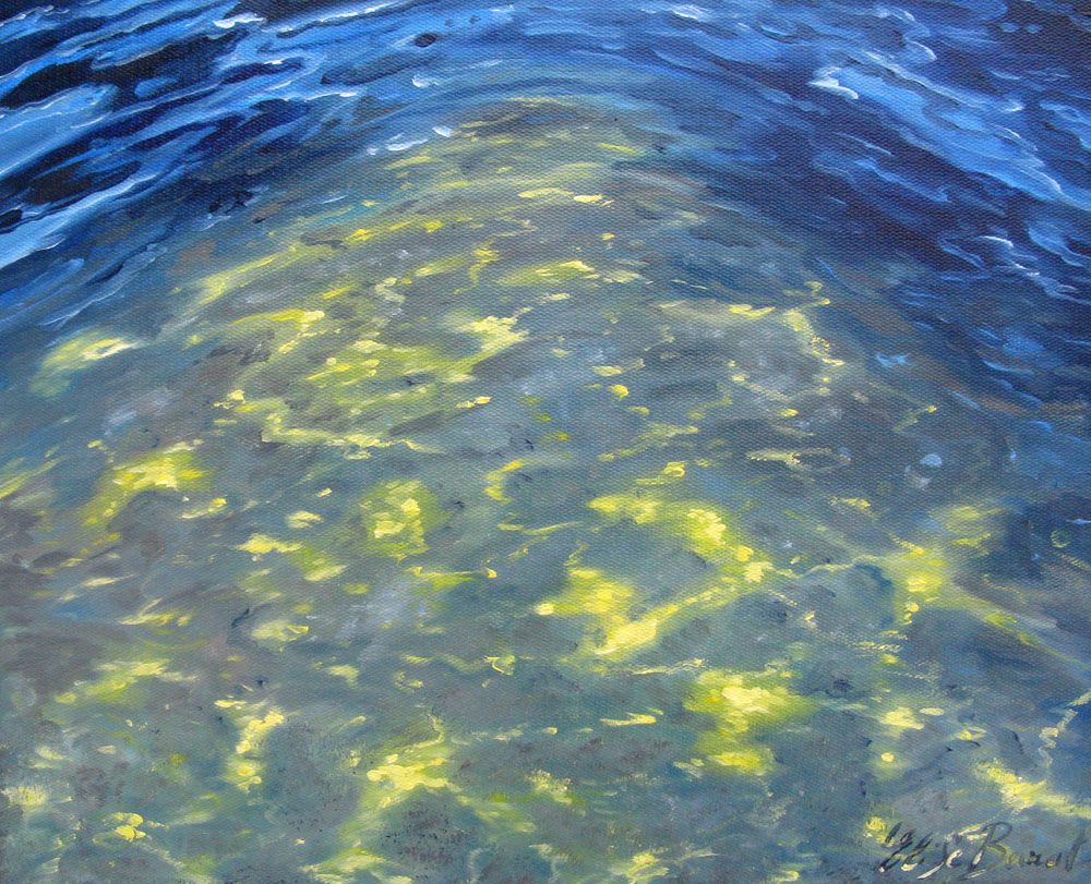 Tableau figuratif petit format bleu et vert PISCINE NOIRE – ELISE BARAT – 33 × 40 cm