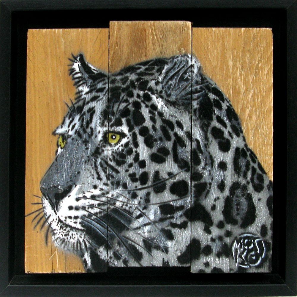 Tableau figuratif petit format gris et noir PROFIL LEOPARD GRIS – MOSKO – 20 × 20 cm