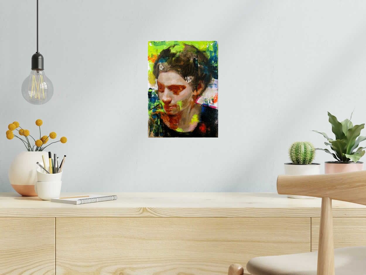 Tableau Reminiscence I de NAWEL AUBERT dans un intérieur – 24 × 33 cm