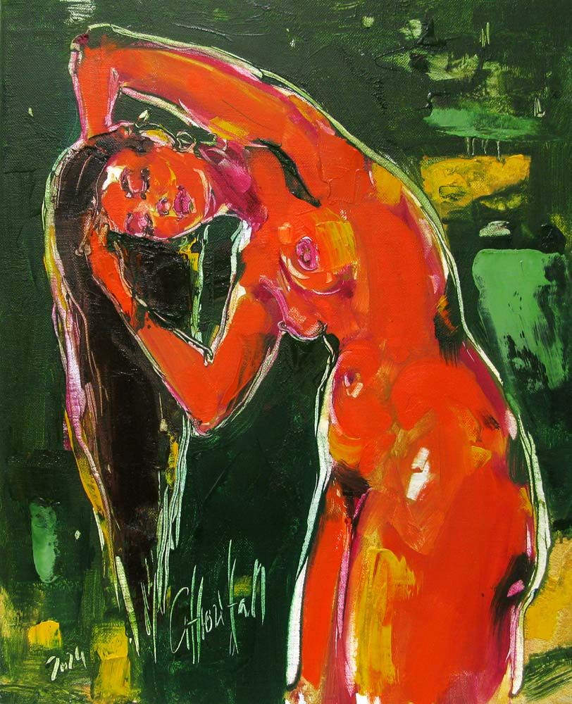 Tableau figuratif petit format orange et vert Cascade de verdure – OLENA SINIUHINA – 38 × 46 cm