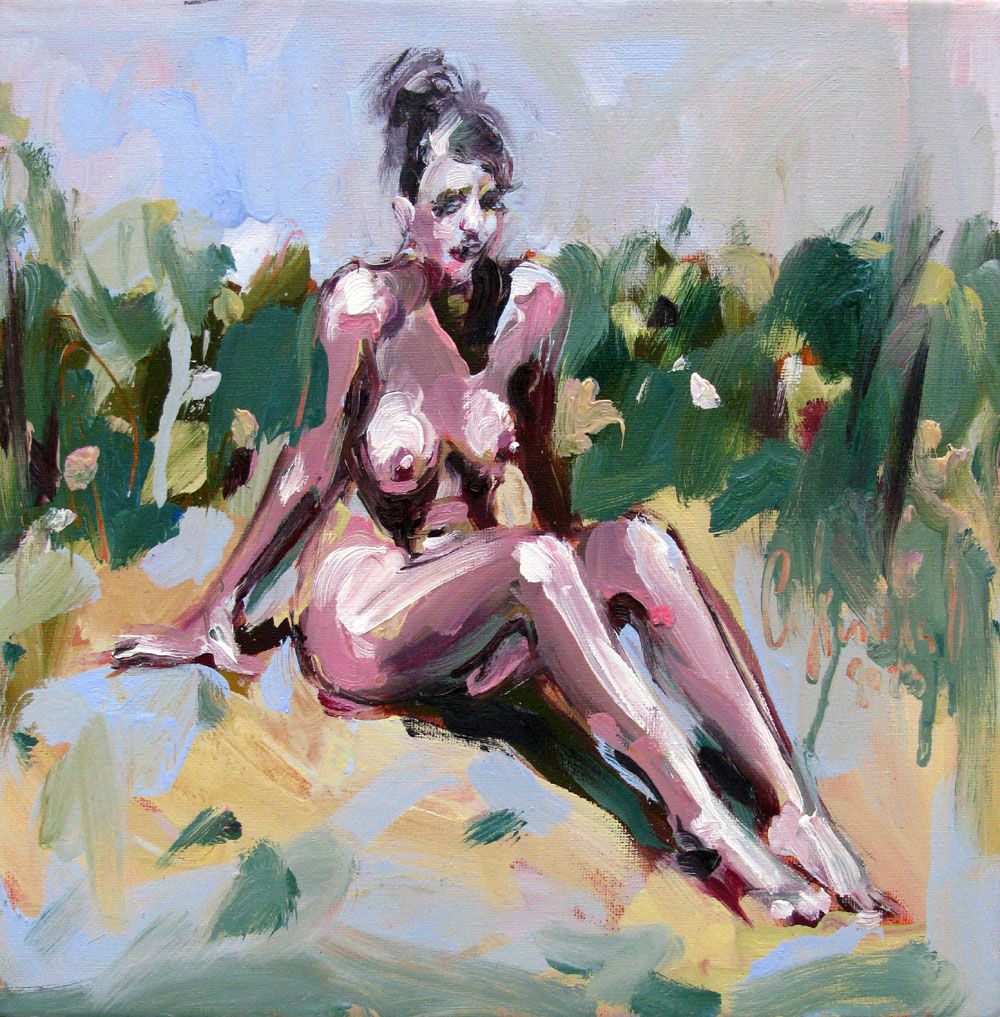 Tableau figuratif petit format rose La plage – OLENA SINIUHINA – 30 × 30 cm