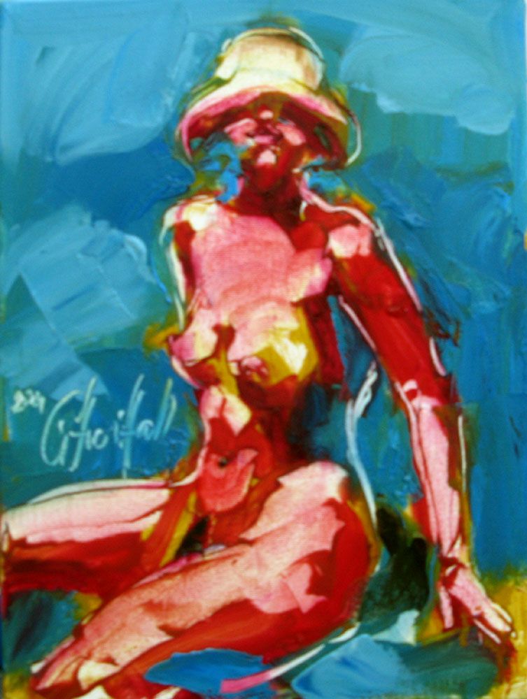 Tableau figuratif petit format rose et rouge Le soleil rouge – OLENA SINIUHINA – 24 × 33 cm