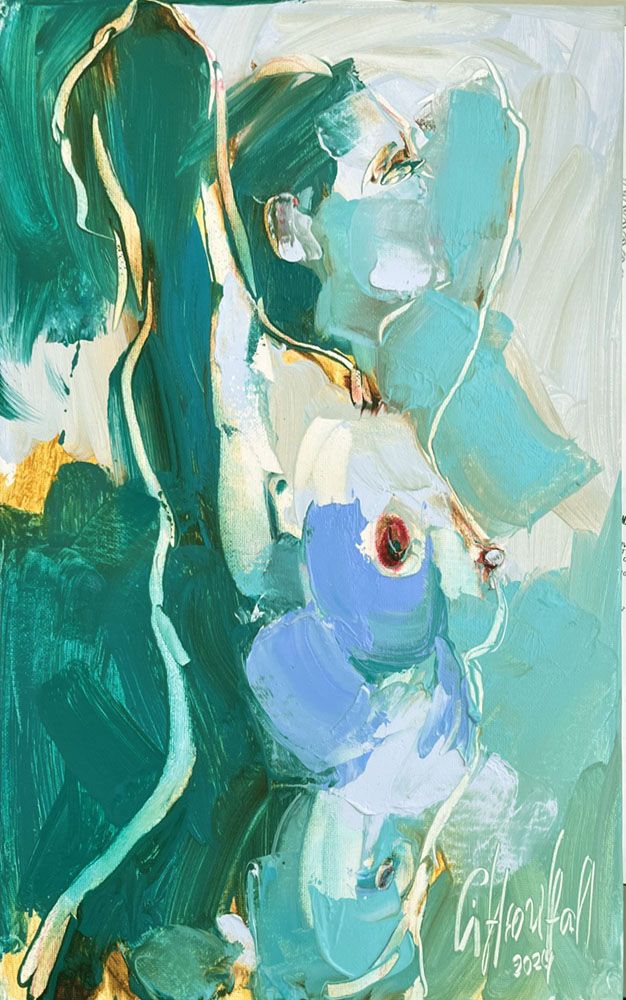 Tableau figuratif petit format vert Monic – OLENA SINIUHINA – 27 × 46 cm