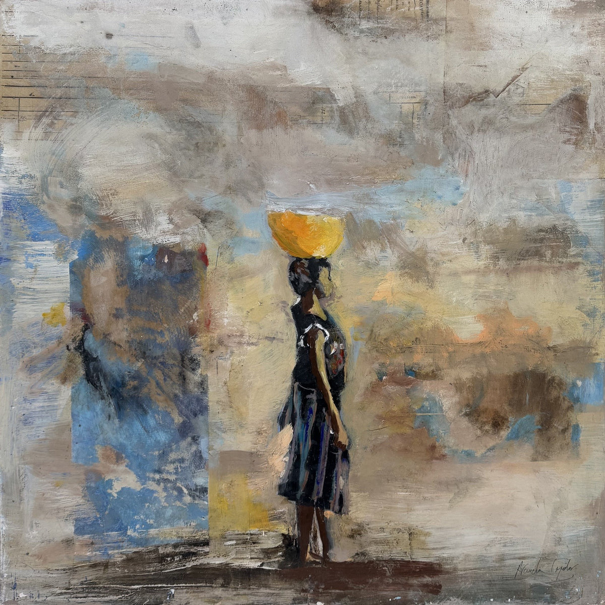 tableau figuratif acrylique et collage sur toile jaune et bleu de Arancha Tejedor, Niña Agua, 60 x 60 cm