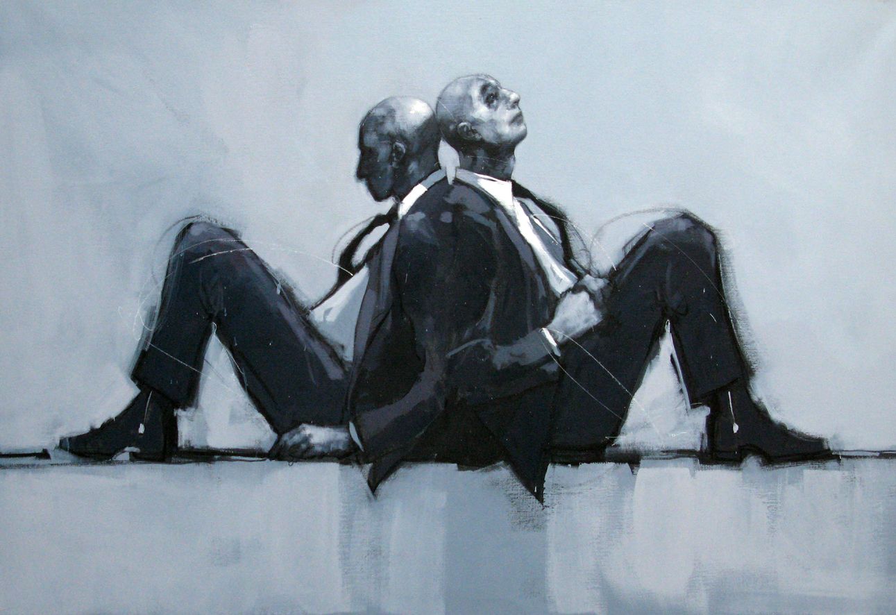 Tableau figuratif très grand format bleu et gris SOME OF US ARE LOOKING AT THE SUN – OLIVIER MASSEBEUF – 97 × 146 cm