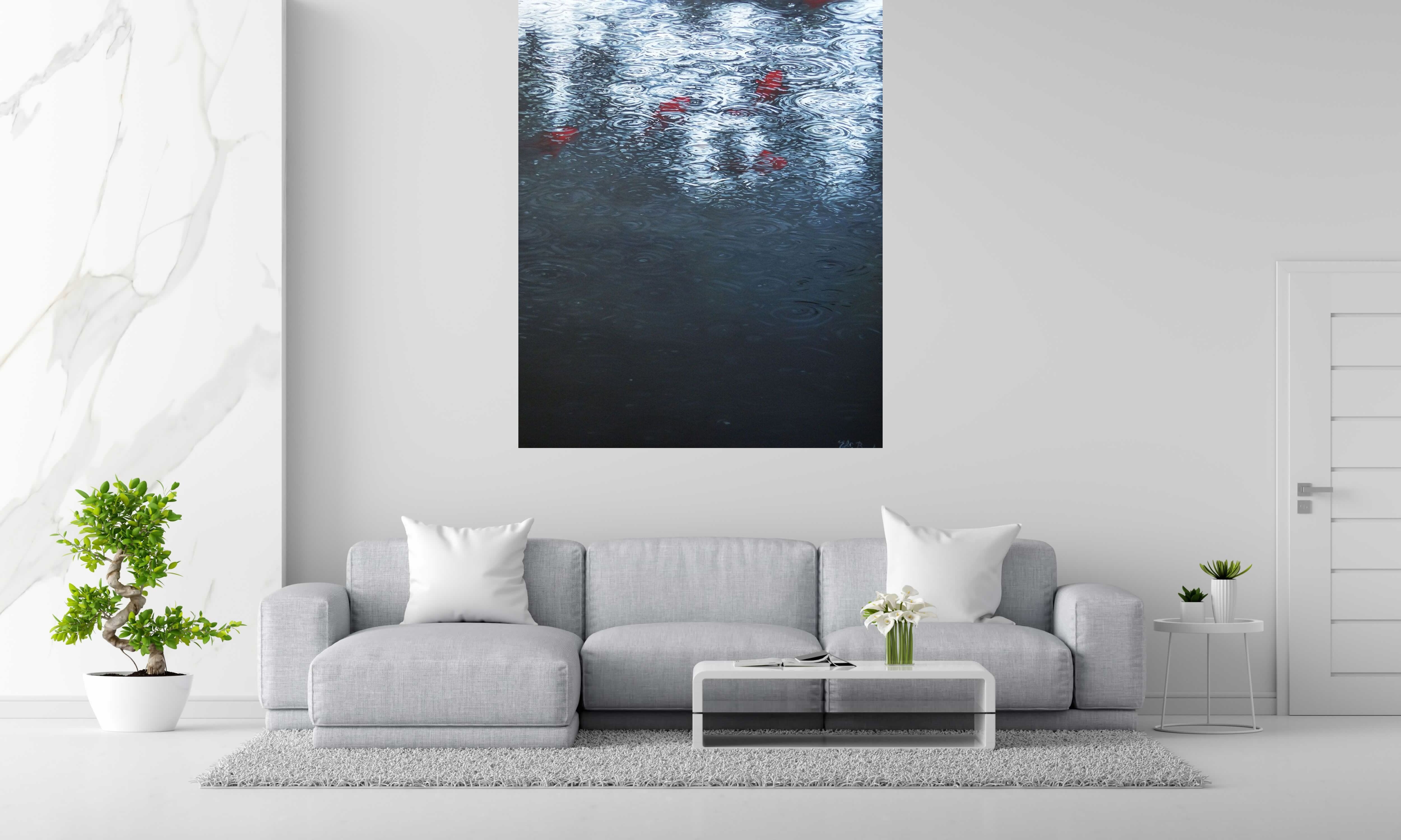 Tableau DANSE SOUS LA PLUIE de ELISE BARAT dans un intérieur – 160 × 130 cm
