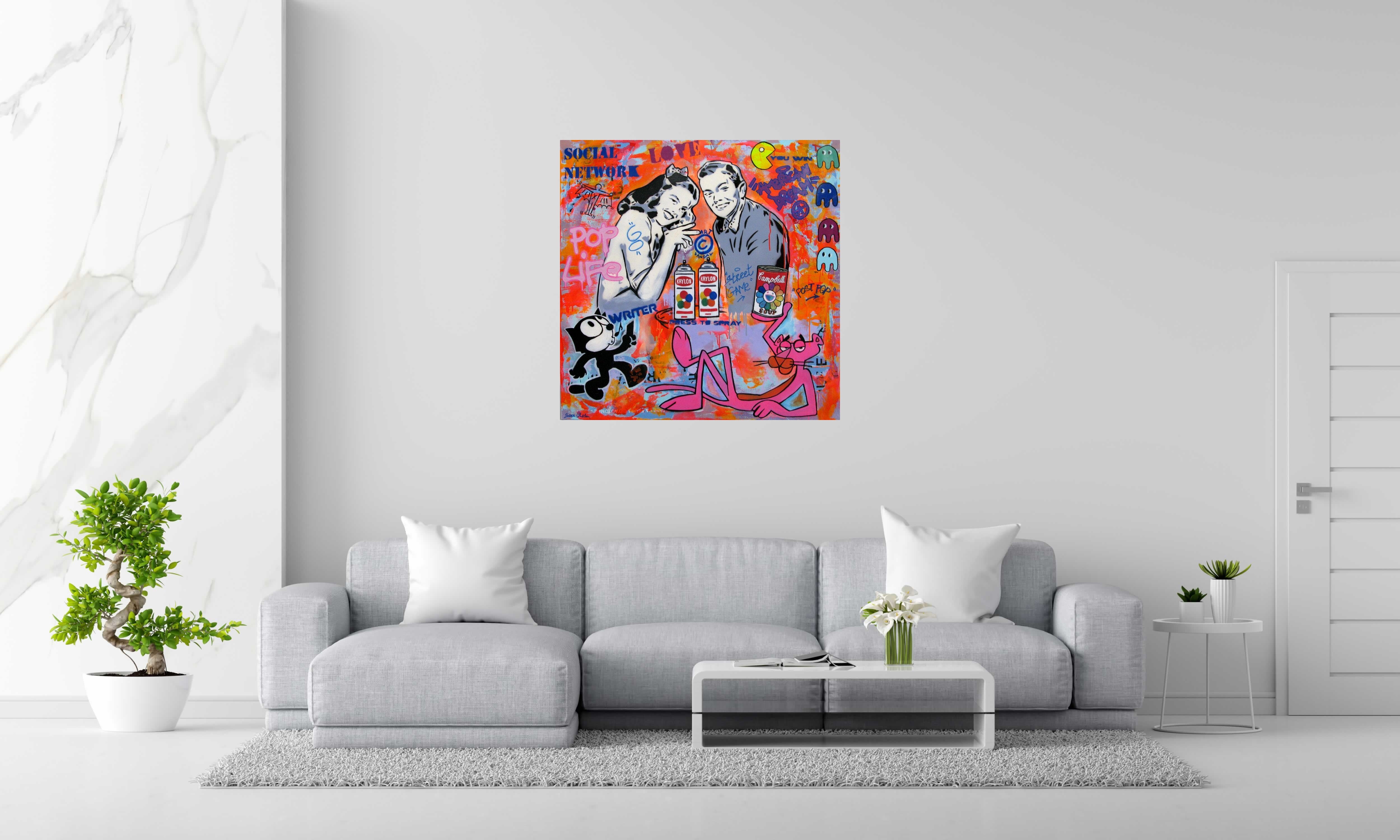 Tableau Pop Culture de SARA CHELOU dans un intérieur – 100 × 100 cm