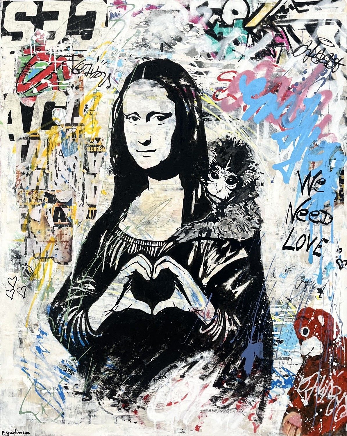 Tableau graffiti grande taille We need love – PATRICIA GADISSEUR – 100 × 80 cm