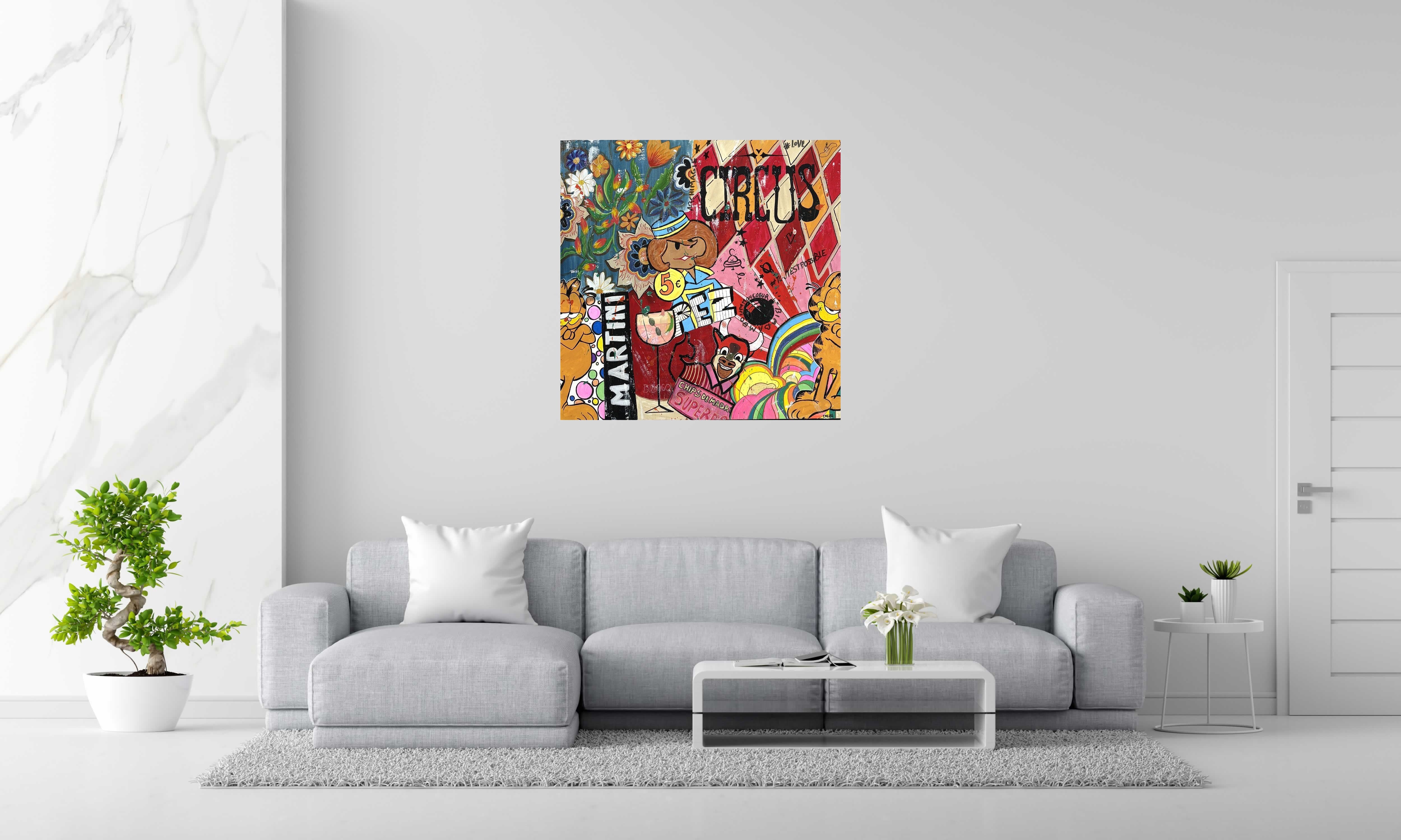 Tableau CIRCUS de CACOU dans un intérieur – 100 × 100 cm
