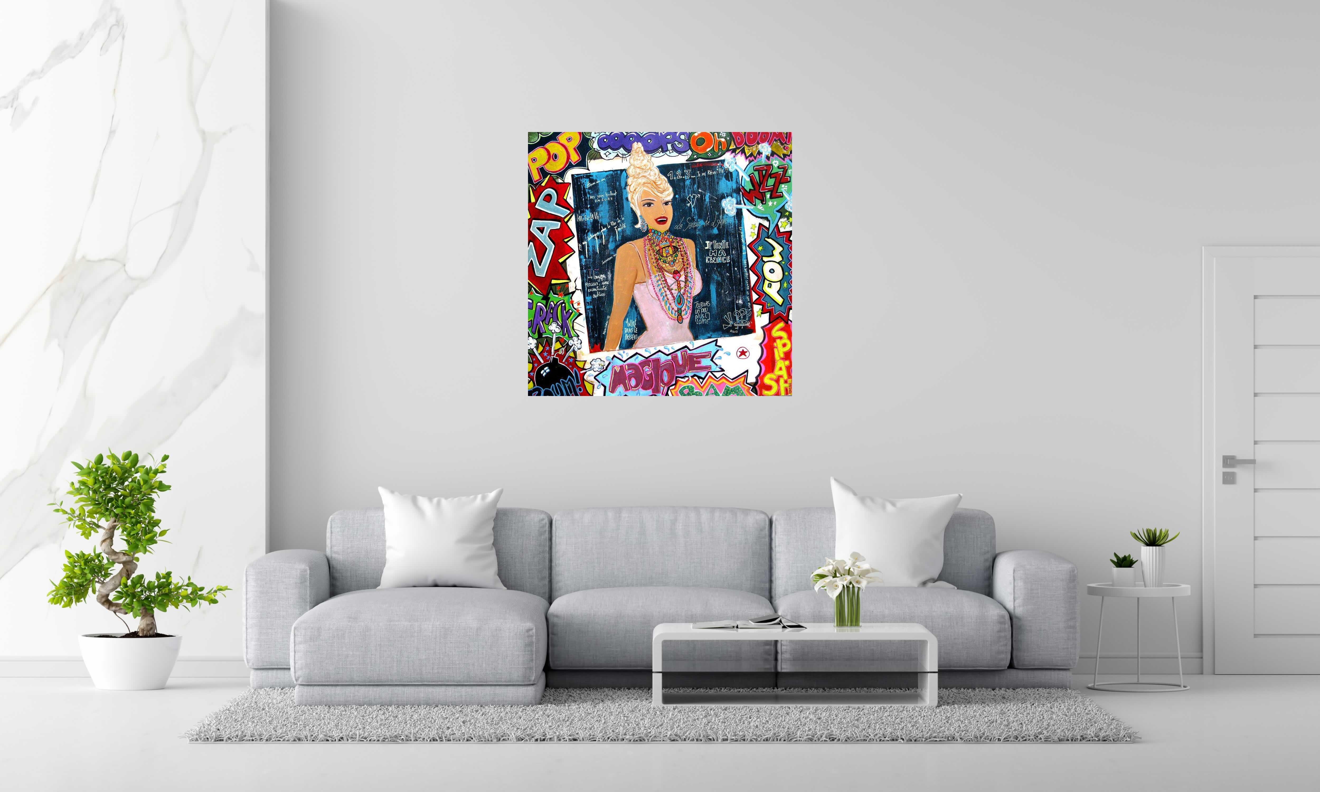 Tableau Mademoiselle Pop de CACOU dans un intérieur – 100 × 100 cm