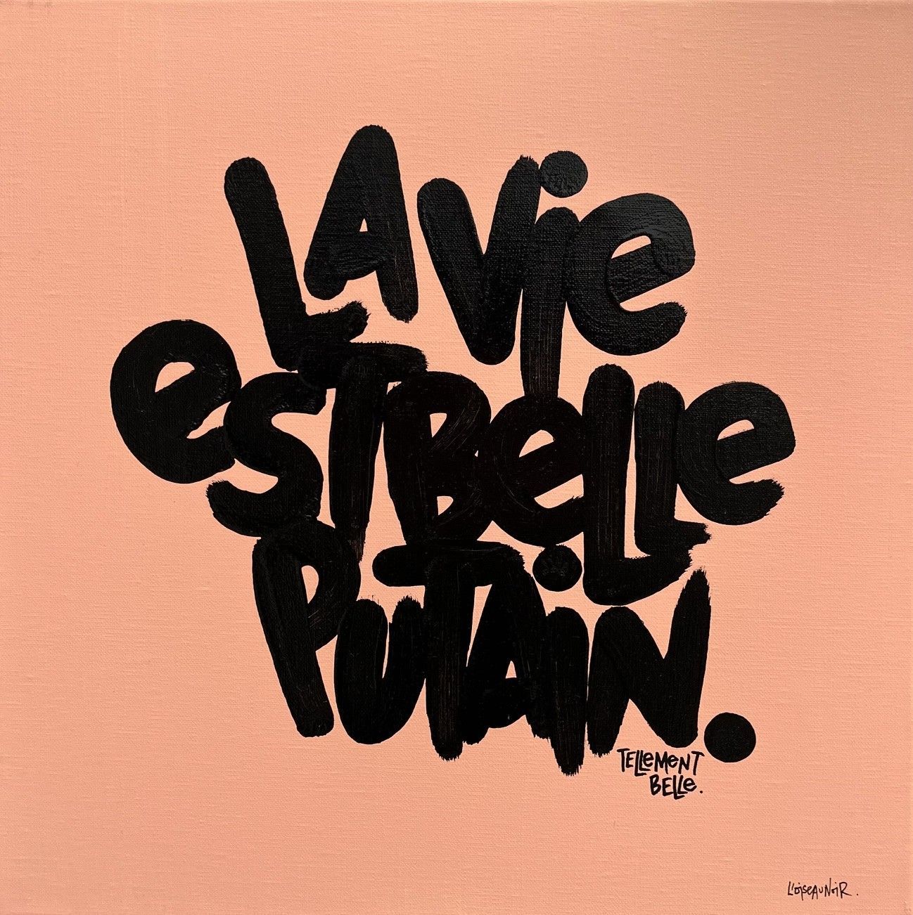 Tableau graphique petit format noir et rose La vie est belle – L'OISEAU NOIR – 40 × 40 cm