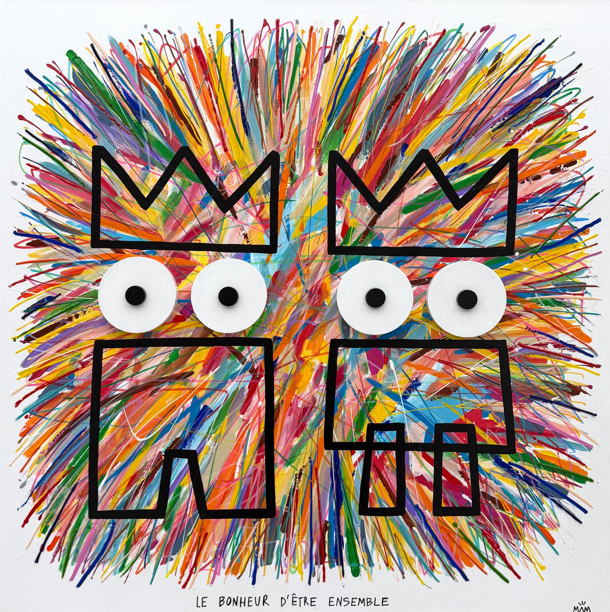 Tableau technique mixte haut-en-couleur de MAM, Le bonheur, 80 x 80 cm, toile sur châssis