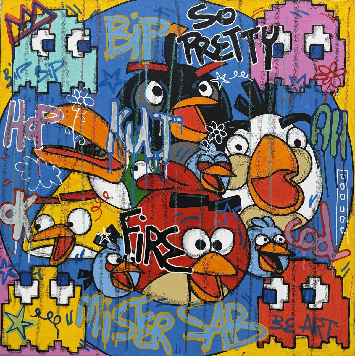 Tableau technique mixte street art bleu 80x80 cm de Rico Sab, Bip Bip Angry Birds, pièce unique signée