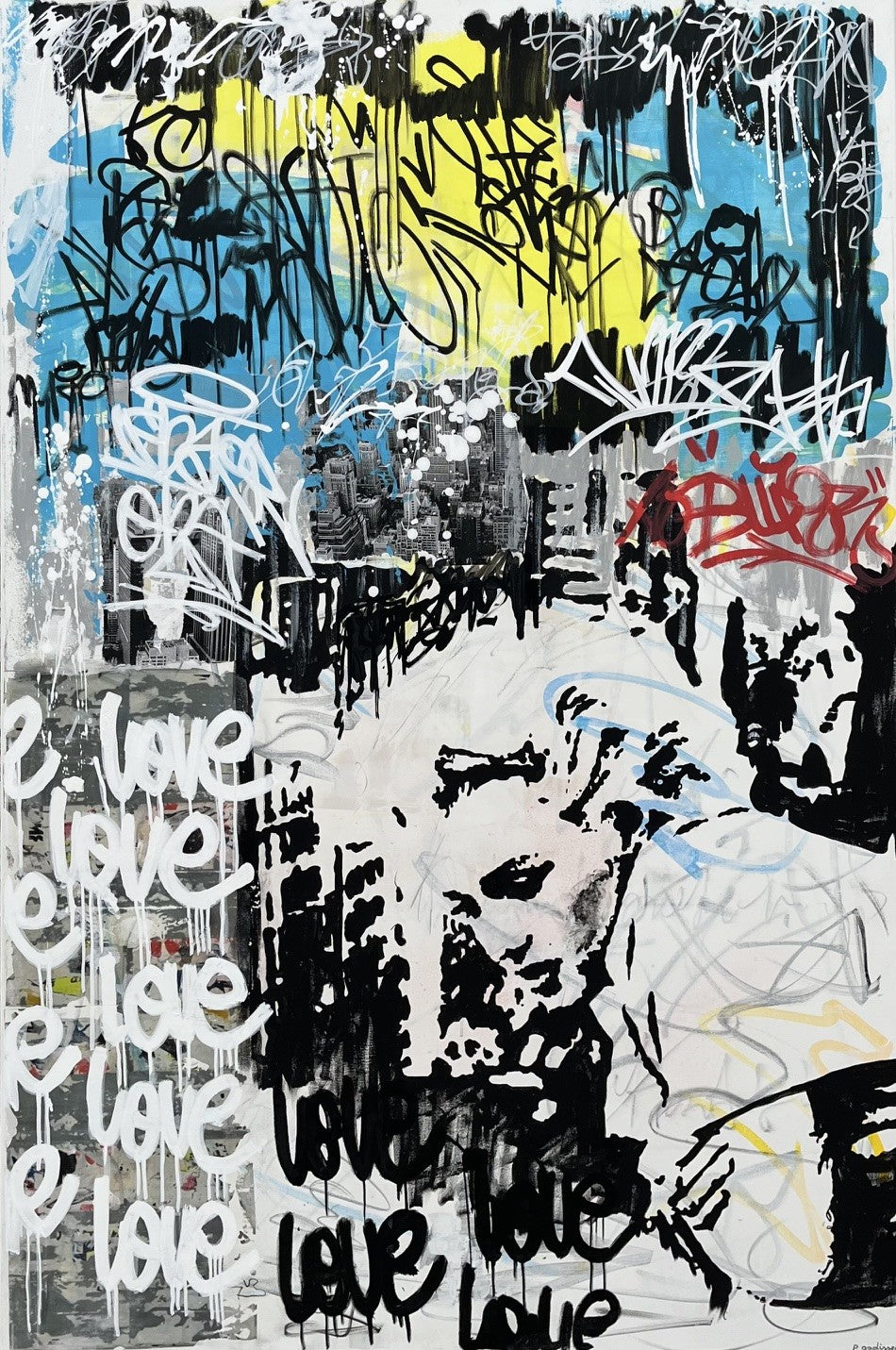 Tableau street art en technique mixte noir et blanc de Patricia Gadisseur, Love Love, 100 x 150 cm