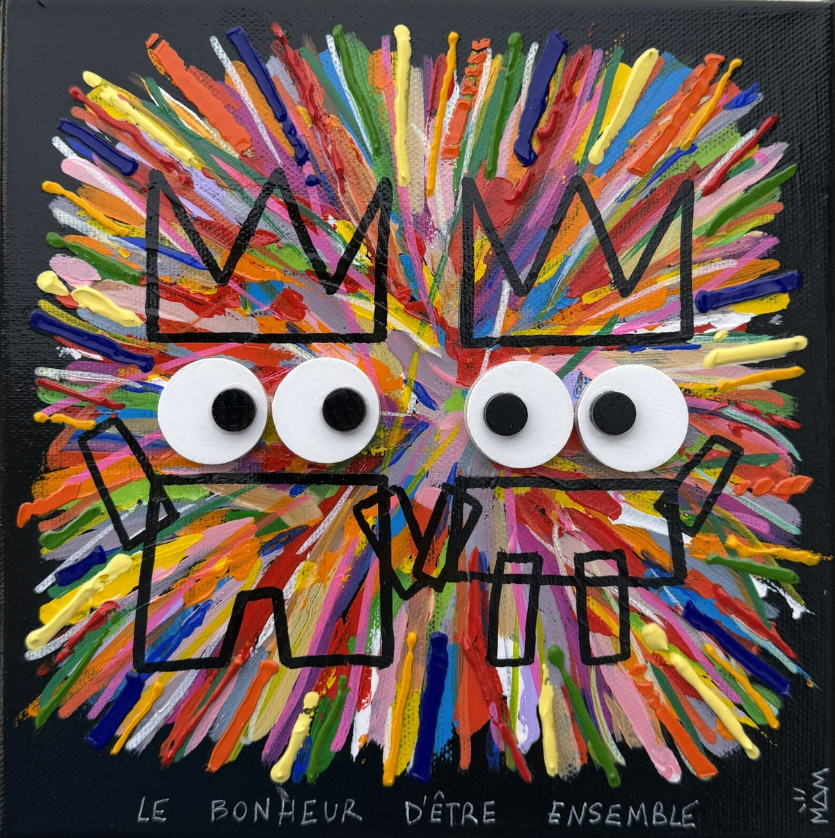 Tableau technique mixte pop art multicolore de MAM, Le Bonheur d'être Ensemble, 20x20 cm