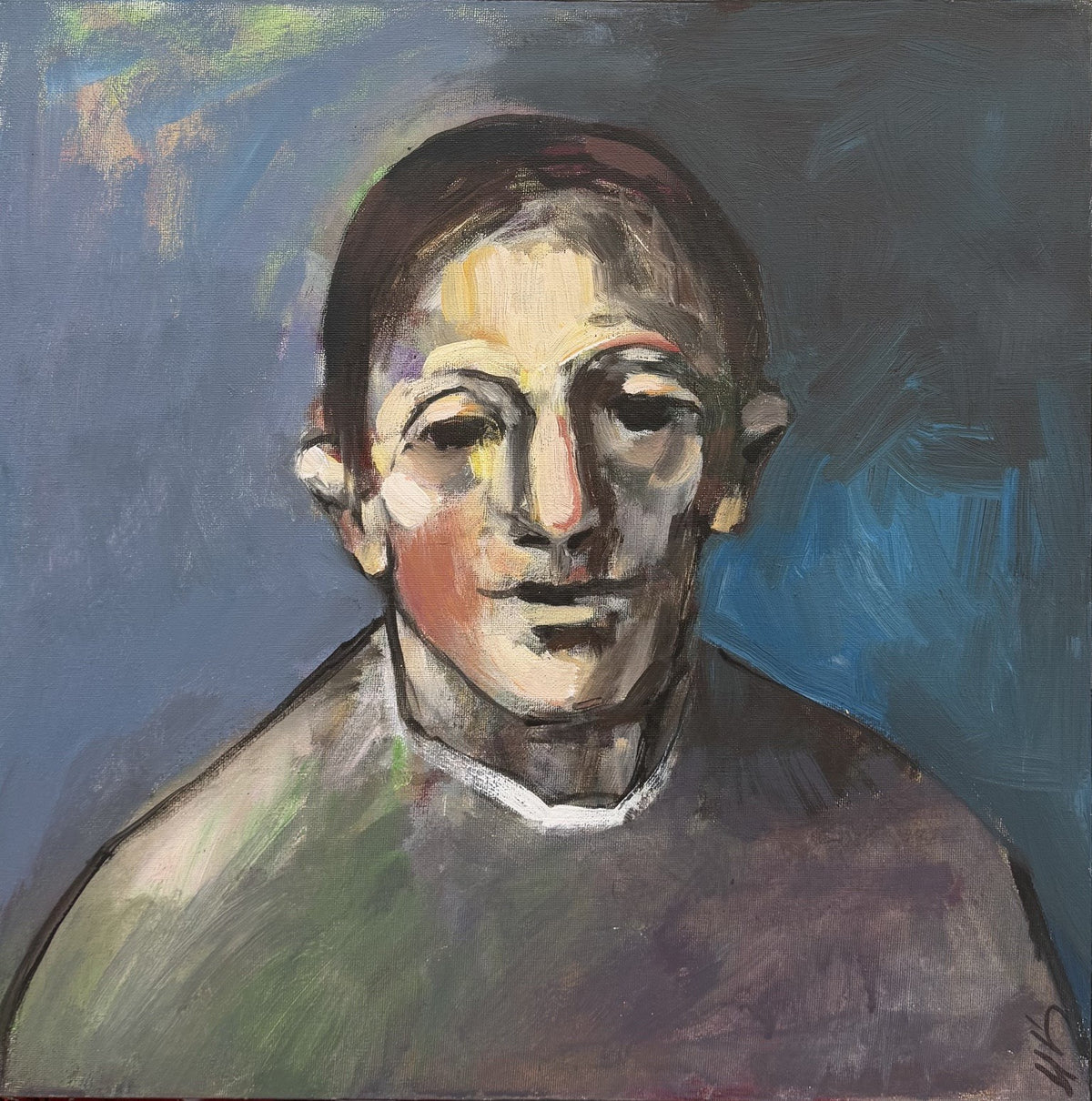 Tableau portrait figuratif en acrylique sur toile, format 50 x 50 cm, bleu, par Ivan Tzonev