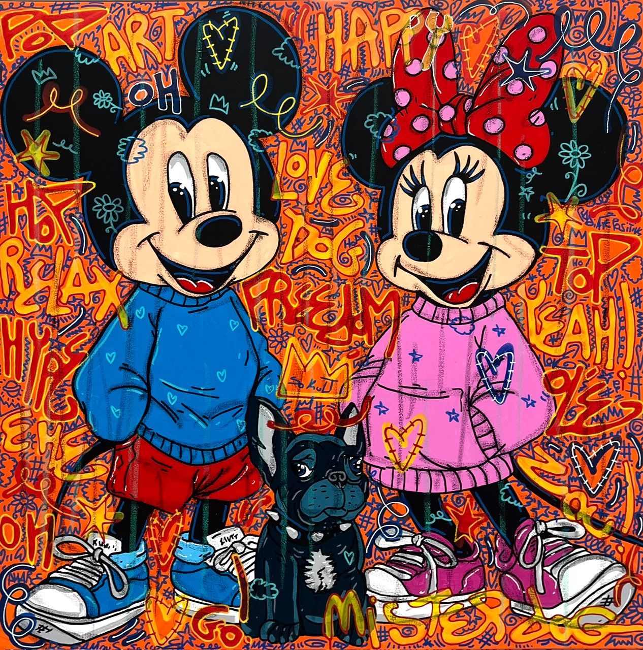 Tableau street art format xxl Happy Dog – RICO SAB – 100 × 100 cm