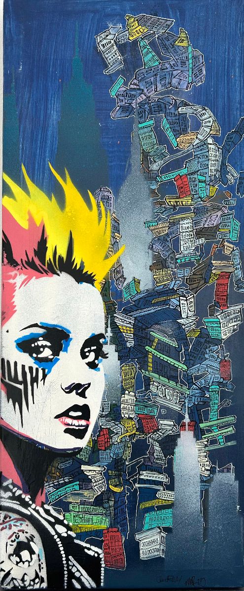 Tableau street art moyen format bleu et jaune Blue Sky – Craig & Emer – 30 × 73 cm