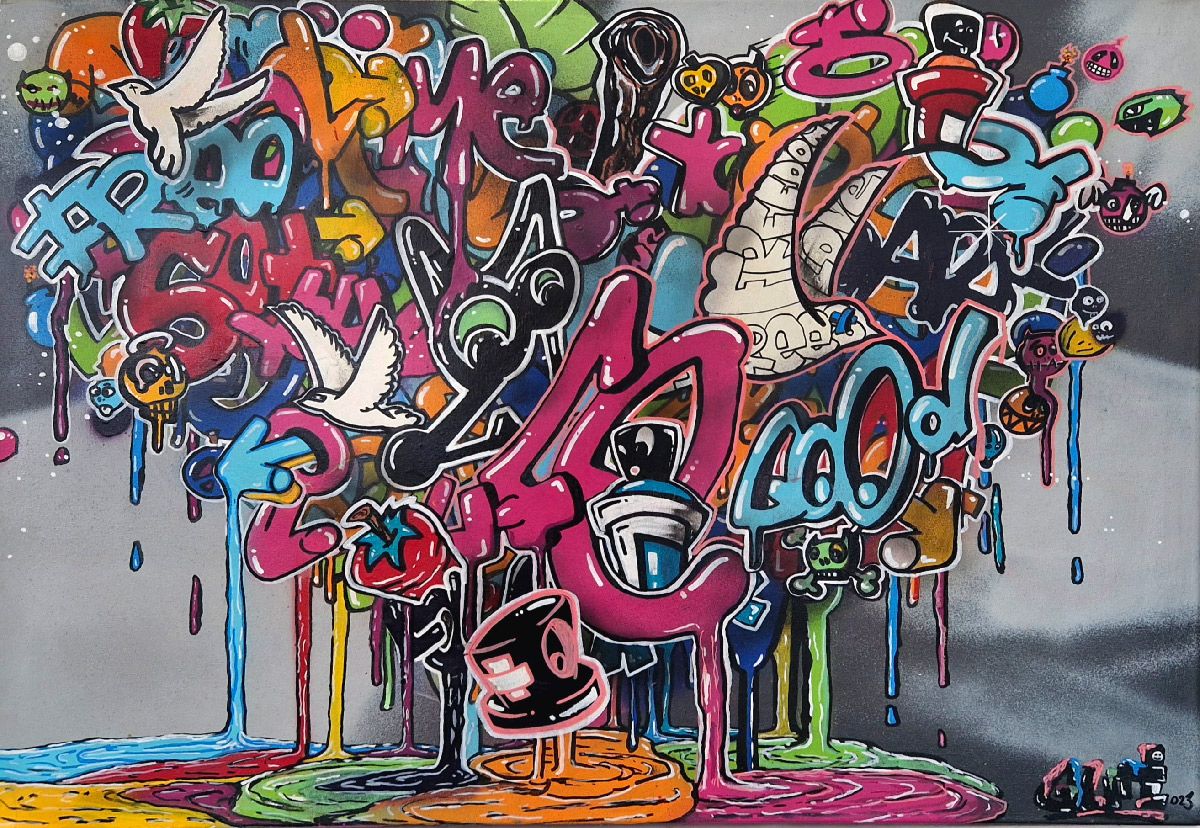 Tableau street art moyen format gris et rose Liberté, mon Amour II – GUTI – 60 × 80 cm