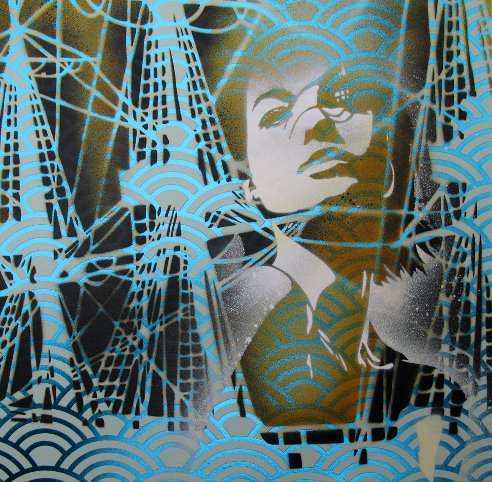 Tableau street art petit format bleu et noir Clémence Vue sur le port – KARO TRASS – 30 × 30 cm