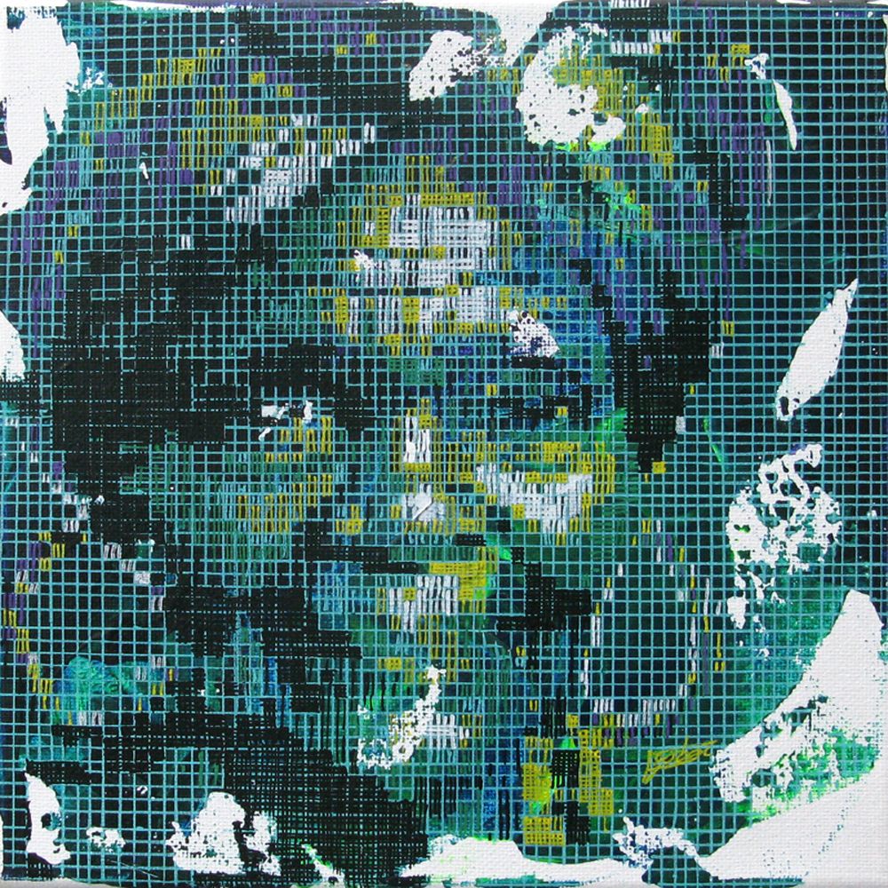 Tableau street art petit format bleu et vert Réappropriation Humaine-Sage 1 – NICOLAS JESBAC – 20 × 20 cm