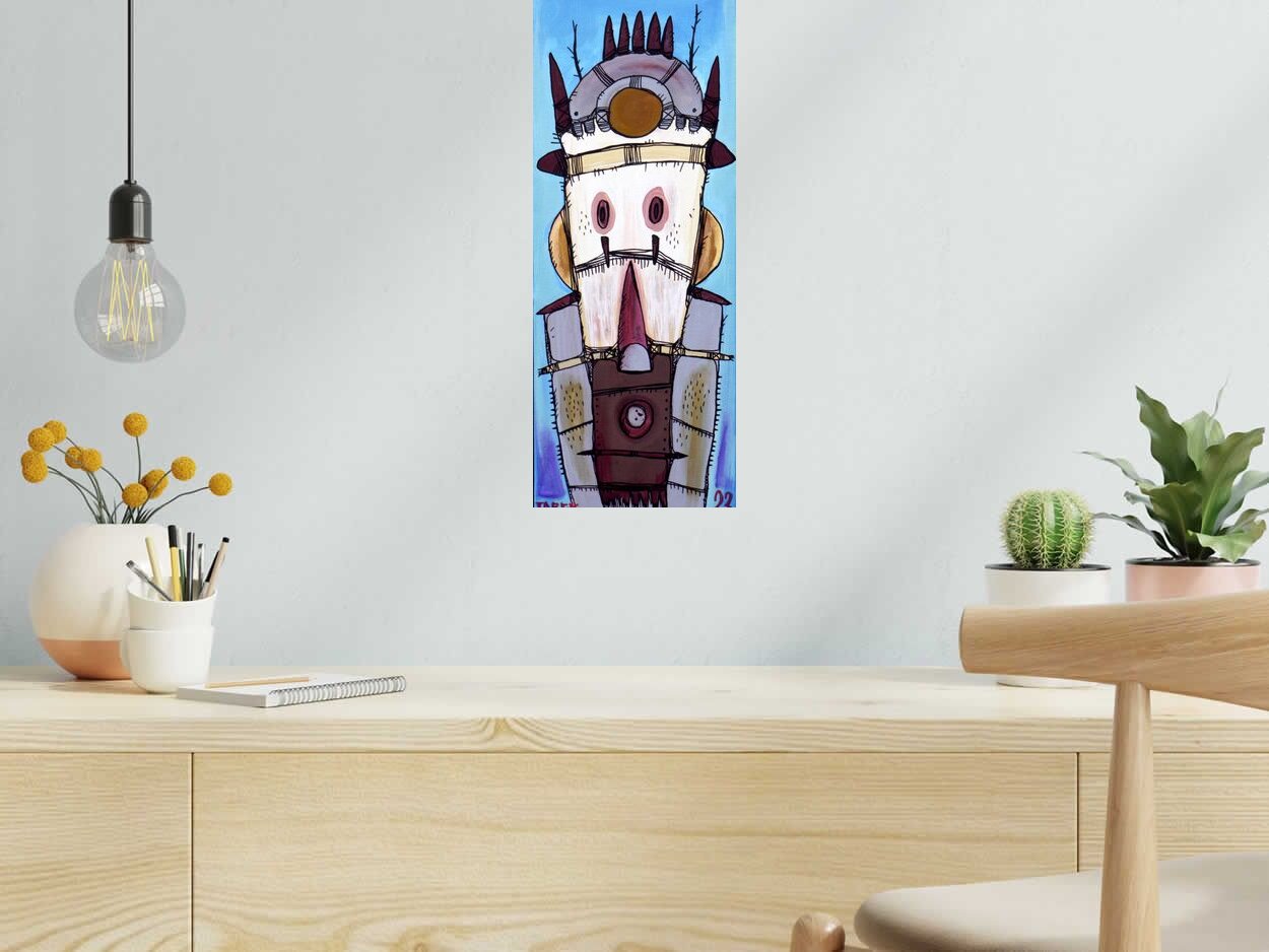 Tableau Mask allongé 2 de TAREK dans un intérieur – 20 × 50 cm