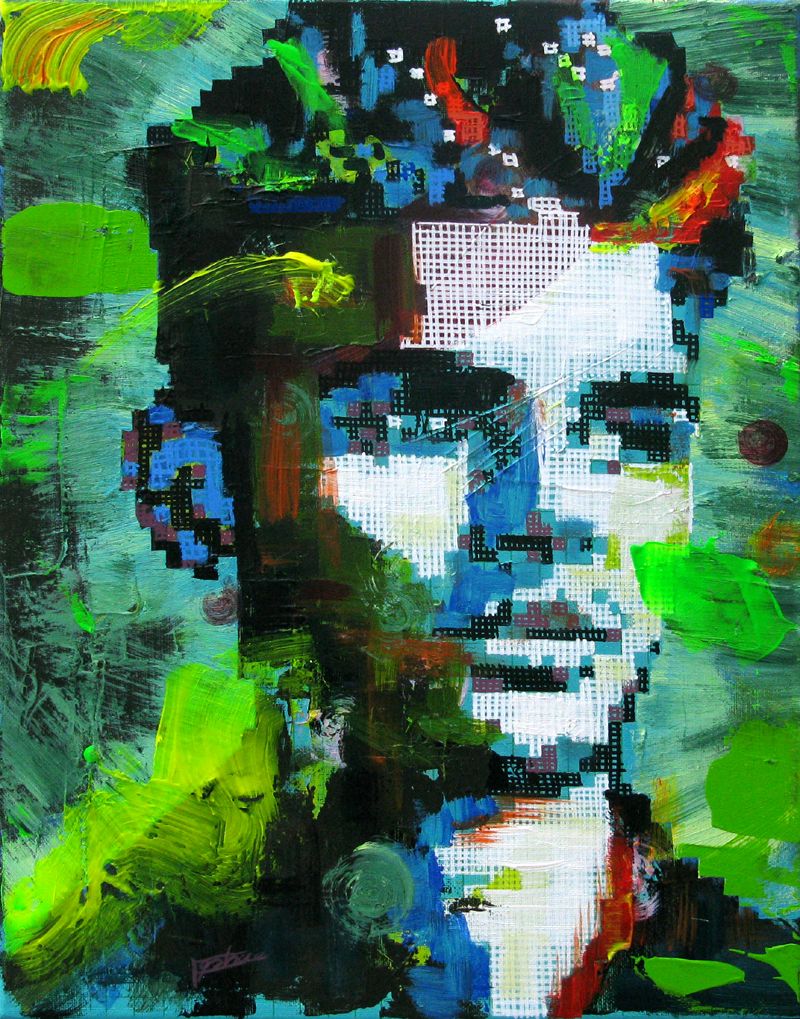 Tableau street art petit format vert et violet Réappropriation Humaine-Visage de ville 1 – NICOLAS JESBAC – 30 × 40 cm